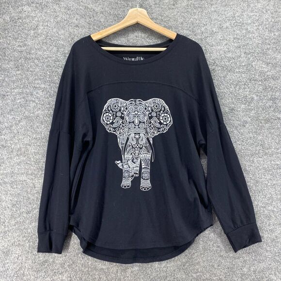 Wound Up Top Women L Large Black Elephant Print Long Sleeve Round Neck Rayon - Picture 3 of 8